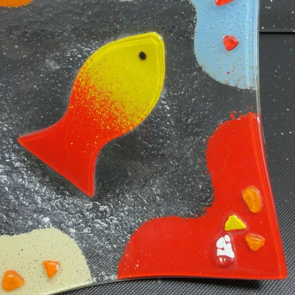 Square Fused‎ Art Glass Multicolor Dish Plate With Fish Textured Trinket Holder